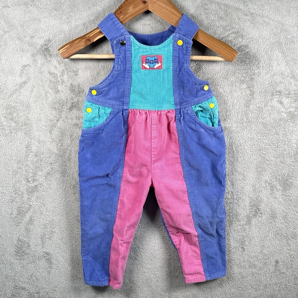Play Clothes Chunky Corduroy Colorblock Overalls 3T Vintage 80s Pink Purple